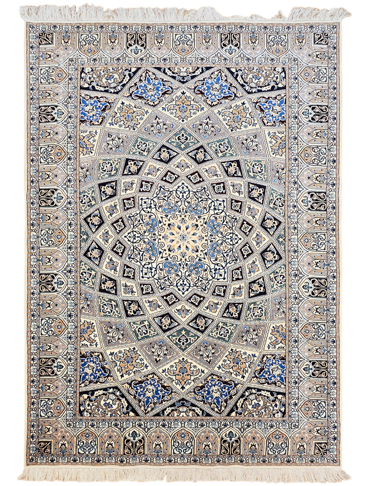 Beige and blue ornate rug with central medallion, detailed border and fringe.