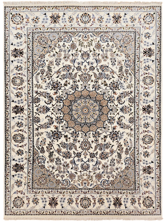 Nain rug with ivory background, central rosette medallion and ornate scrolling floral border