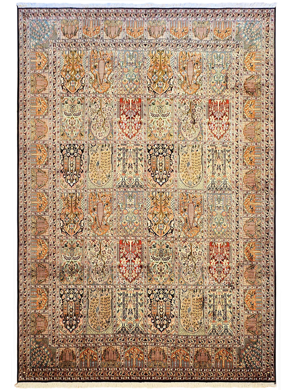 Rectangular multicolor ornate rug with dense pattern and short fringe border.
