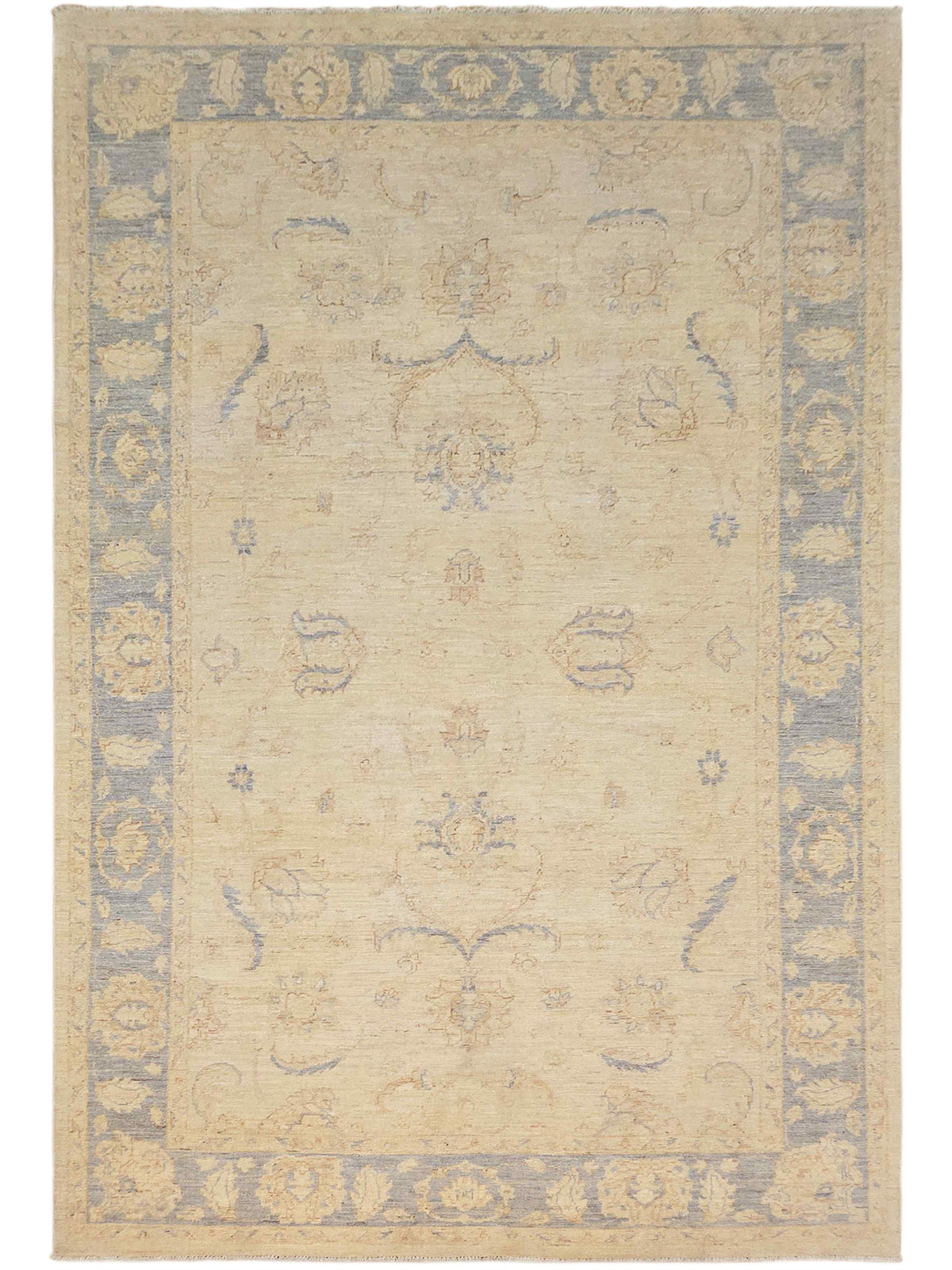 Beige and light blue Persian-style area rug with central medallion and border pattern