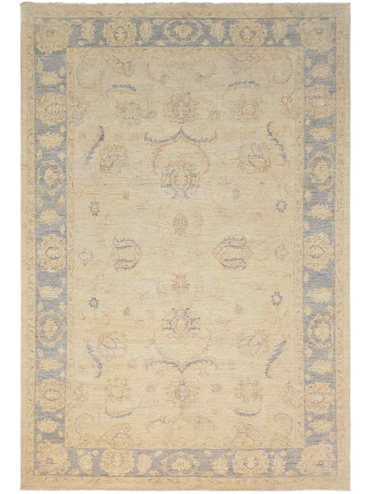Beige and light blue Persian-style area rug with central medallion and border pattern