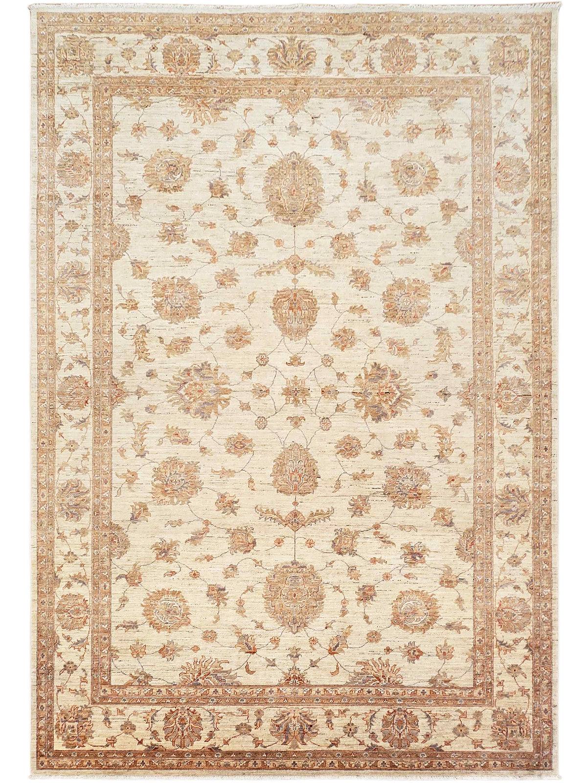 Cream rug with rust and beige floral medallions, ornate border and flat weave.