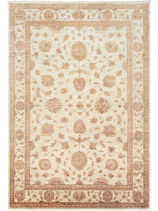 Cream rug with rust and beige floral medallions, ornate border and flat weave.