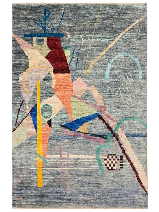 Multicolor abstract rug with geometric shapes and thin line details on gray base