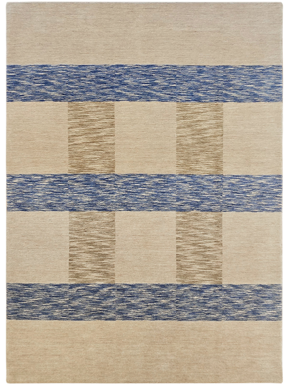 Beige handloom rug with blue horizontal stripe and square pattern detail