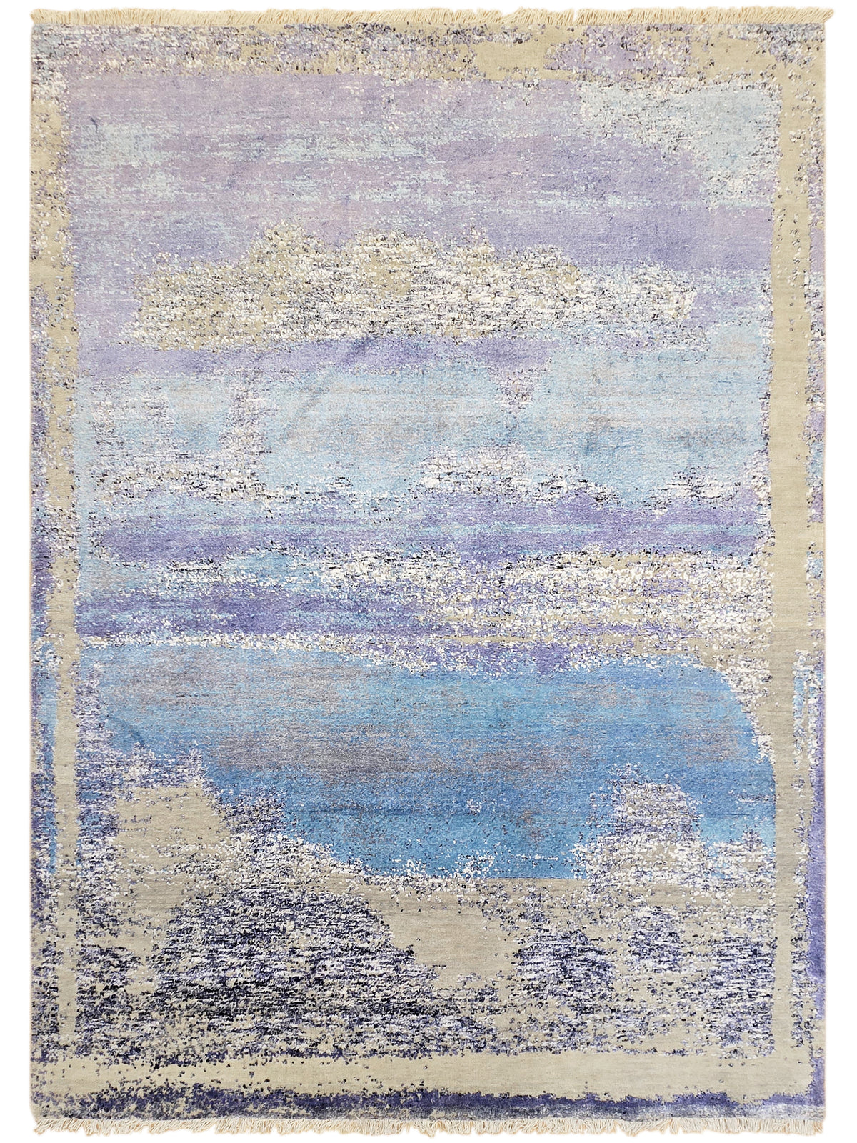 Abstract rectangular area rug with textured pile in blue, beige, and violet streaks