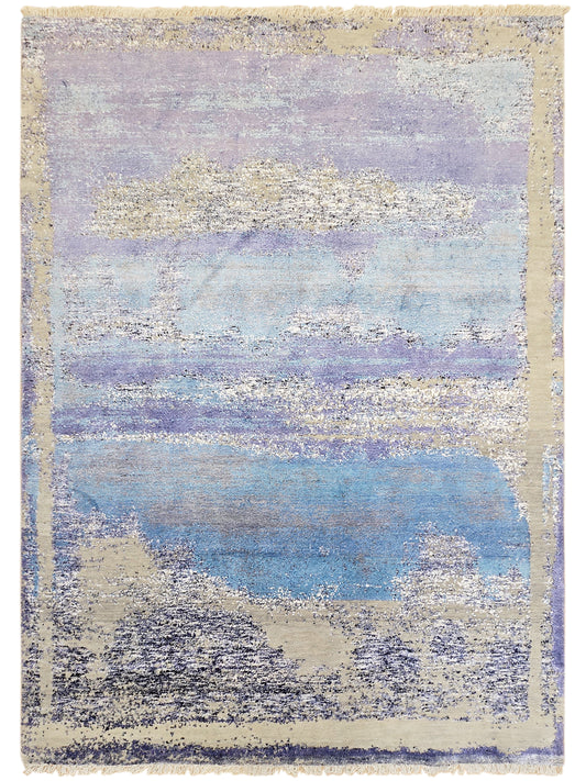 Abstract rectangular area rug with textured pile in blue, beige, and violet streaks