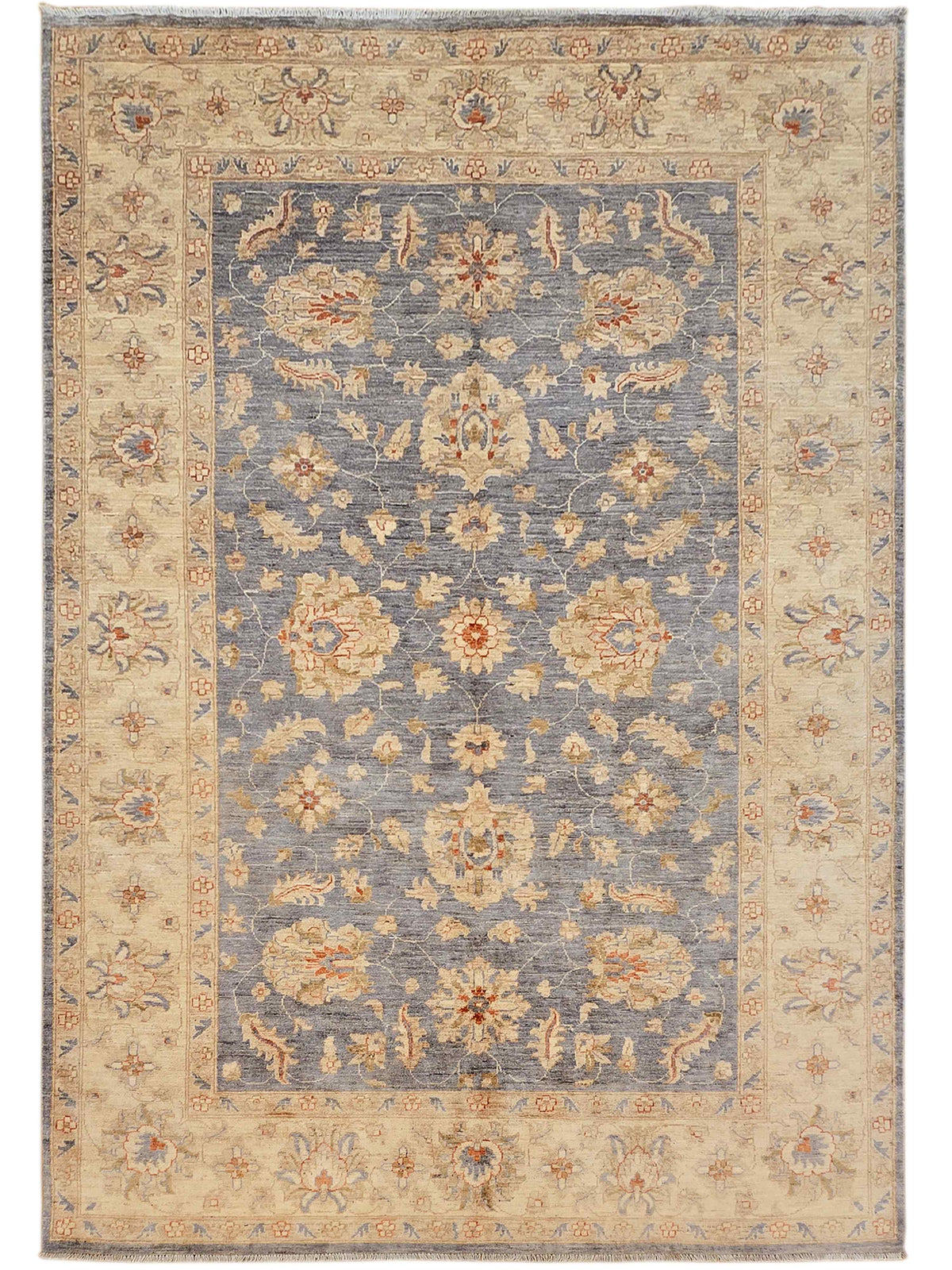 Framed floral area rug with blue center, beige border, and small repeating corner motifs