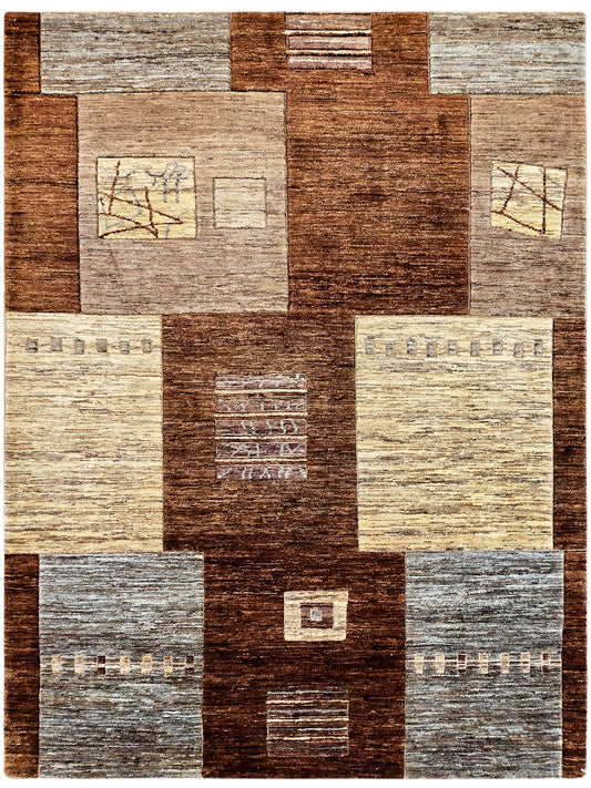 Square area rug with brown center and beige/gray block pattern, textured pile