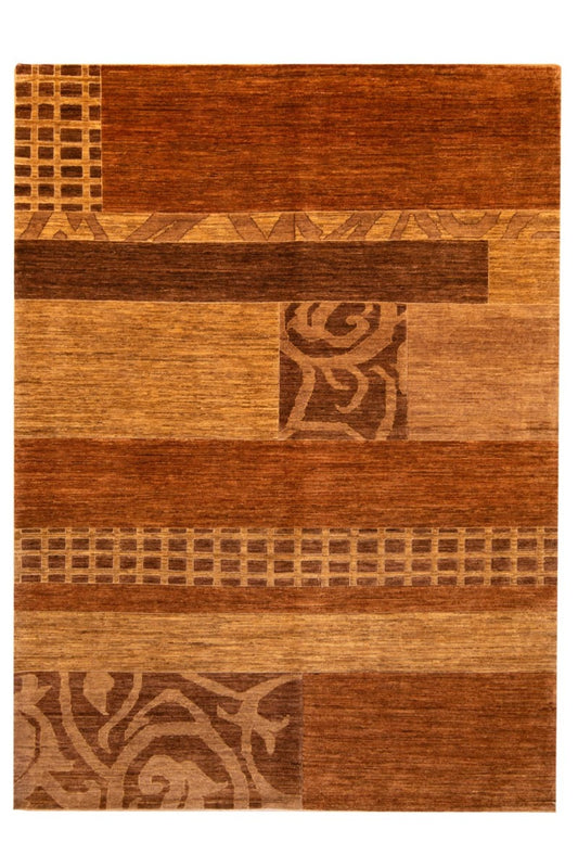 Rectangular woven area rug in rust brown with beige and darker geometric bands