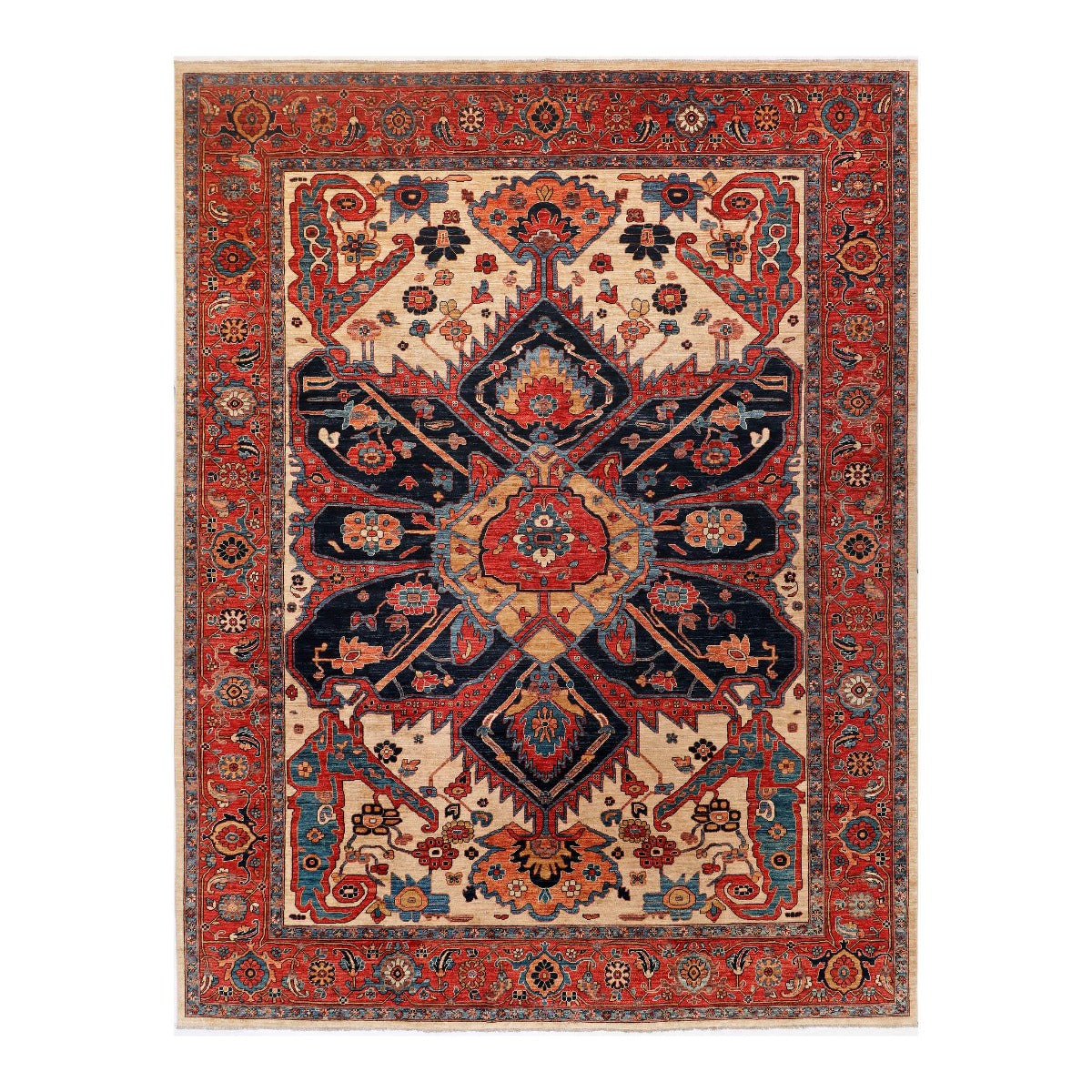 Chobi rug with red, navy and cream medallion pattern and ornate border