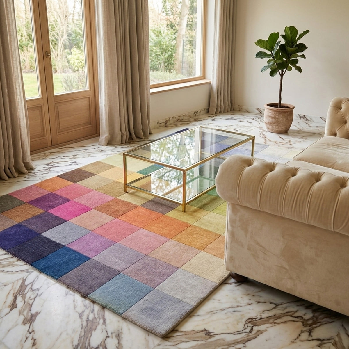 Multicolor checkered area rug with pastel squares in blue, pink, yellow, and brown