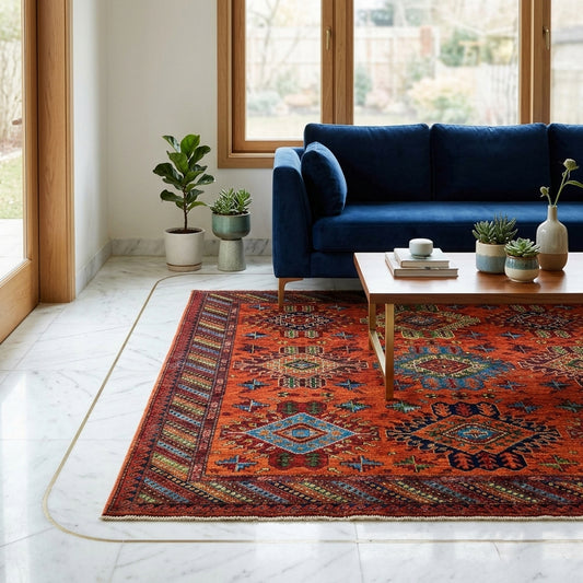 Karkahi rug 245x172 cm: red-orange geometric medallion pattern, bordered rectangle