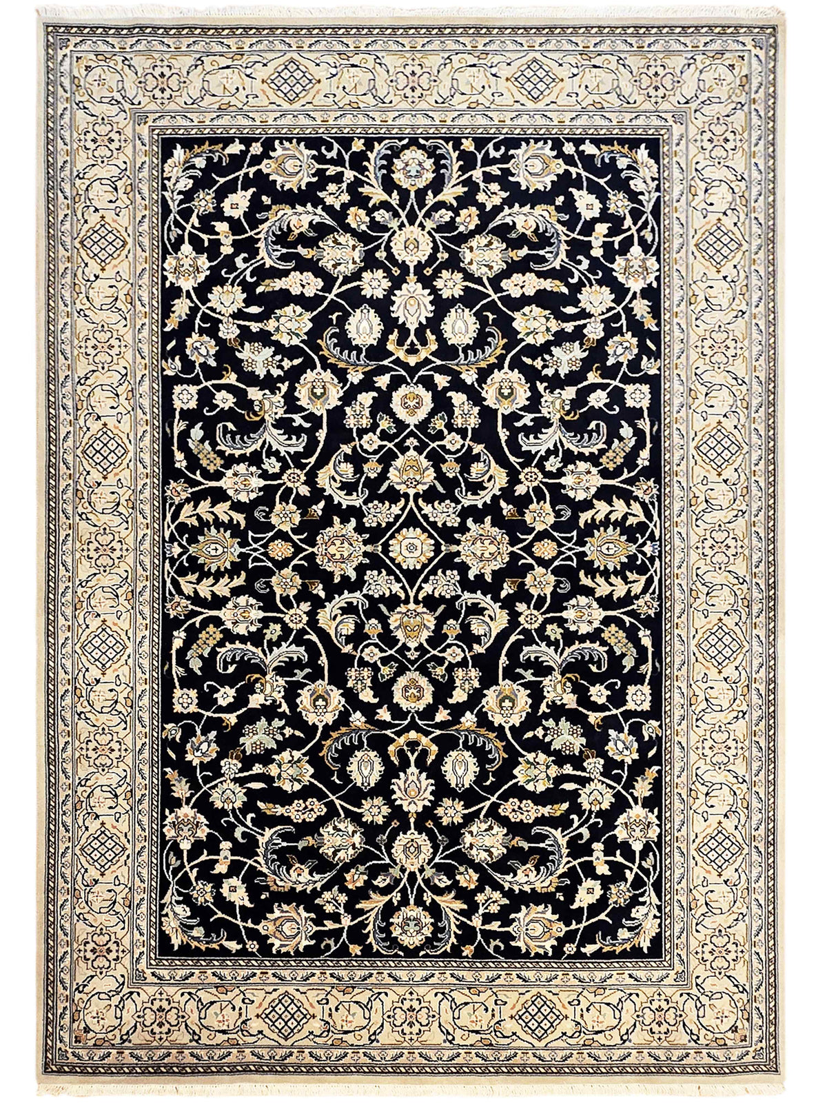 Rectangular navy Nain rug with cream and gold floral vines and ornate border
