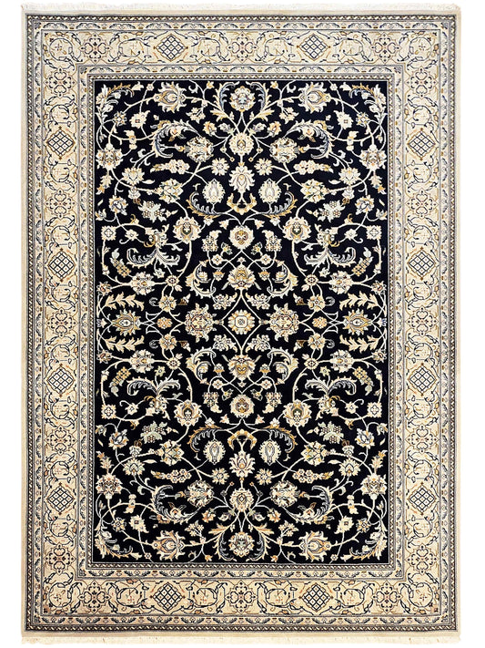 Rectangular navy Nain rug with cream and gold floral vines and ornate border