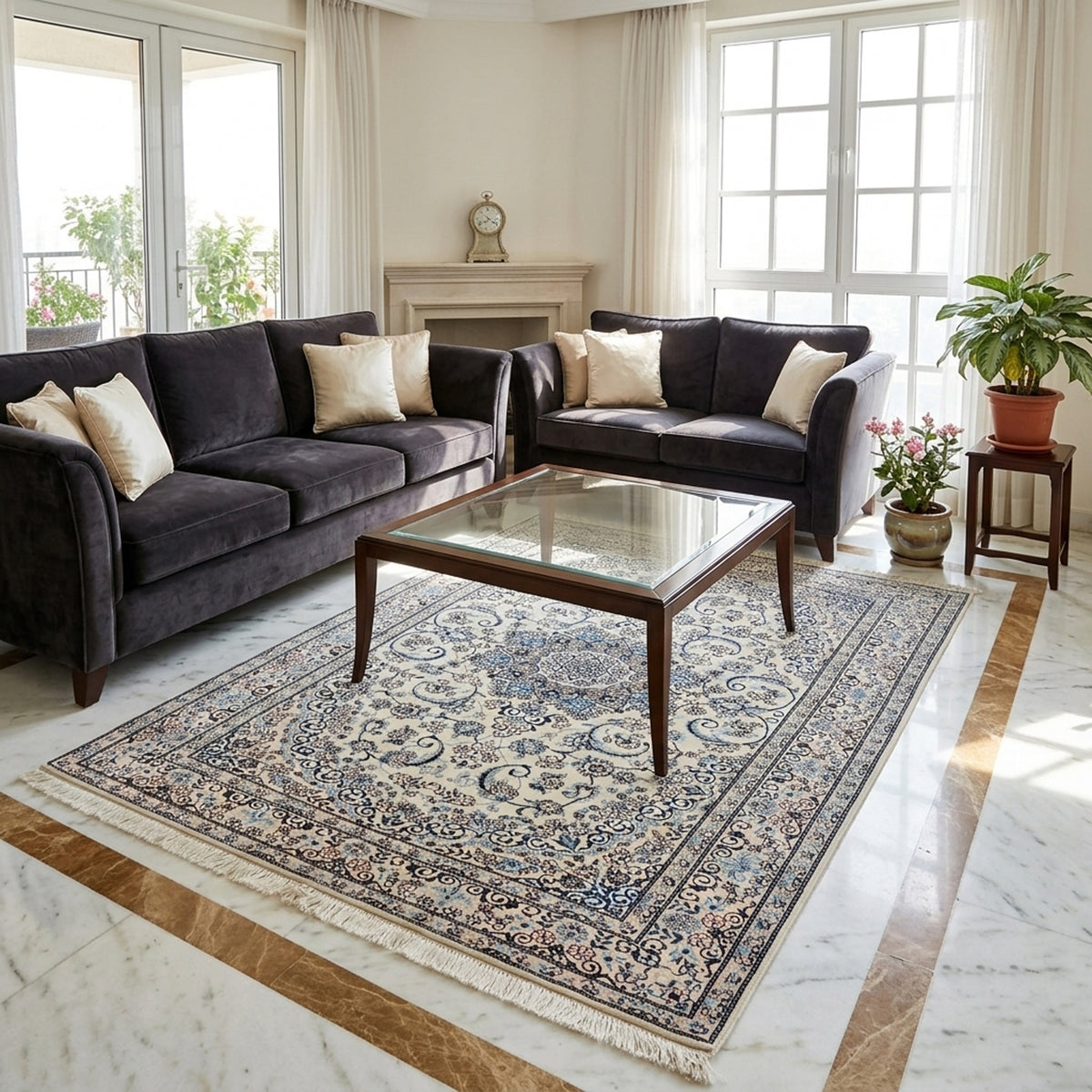 Ornate blue and cream area rug with fringed edges in living room setting