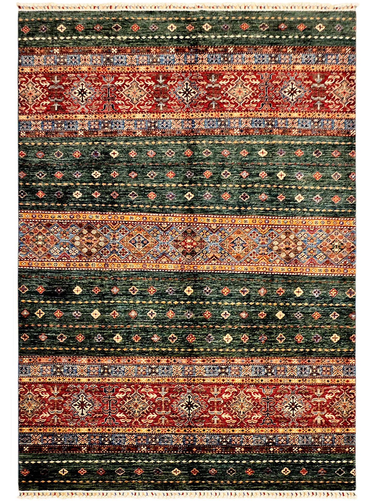 Full view of multicolor geometric area rug with green border and red center panels