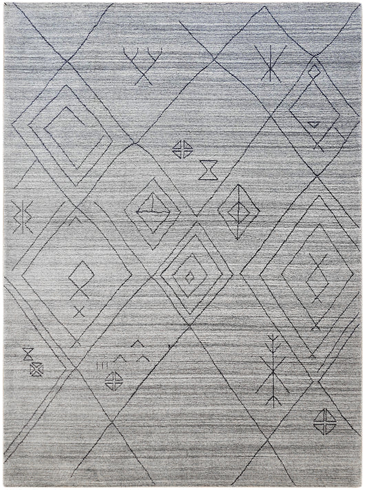 Light gray handloom rug with thin dark geometric diamond line pattern.