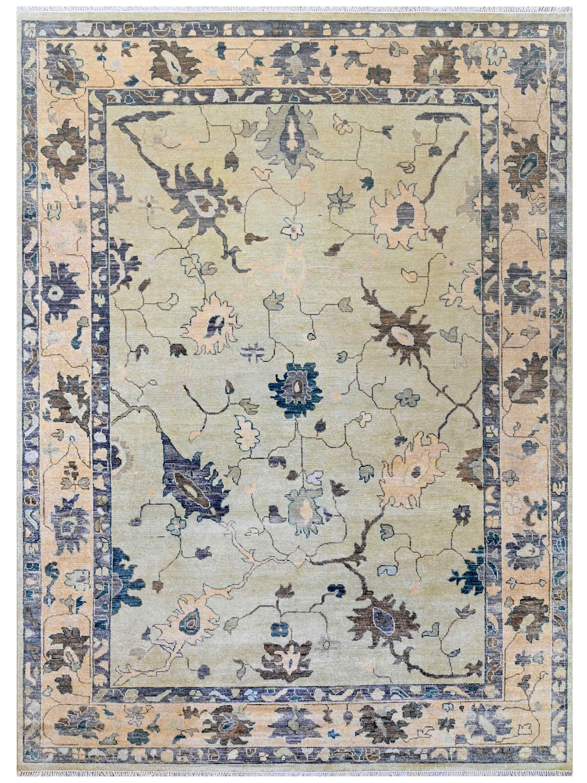 Oushak rug with cream ground, blue and brown botanical pattern, framed border