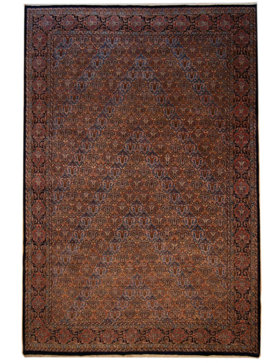 Rectangular area rug with ornate border pattern in red and dark tones