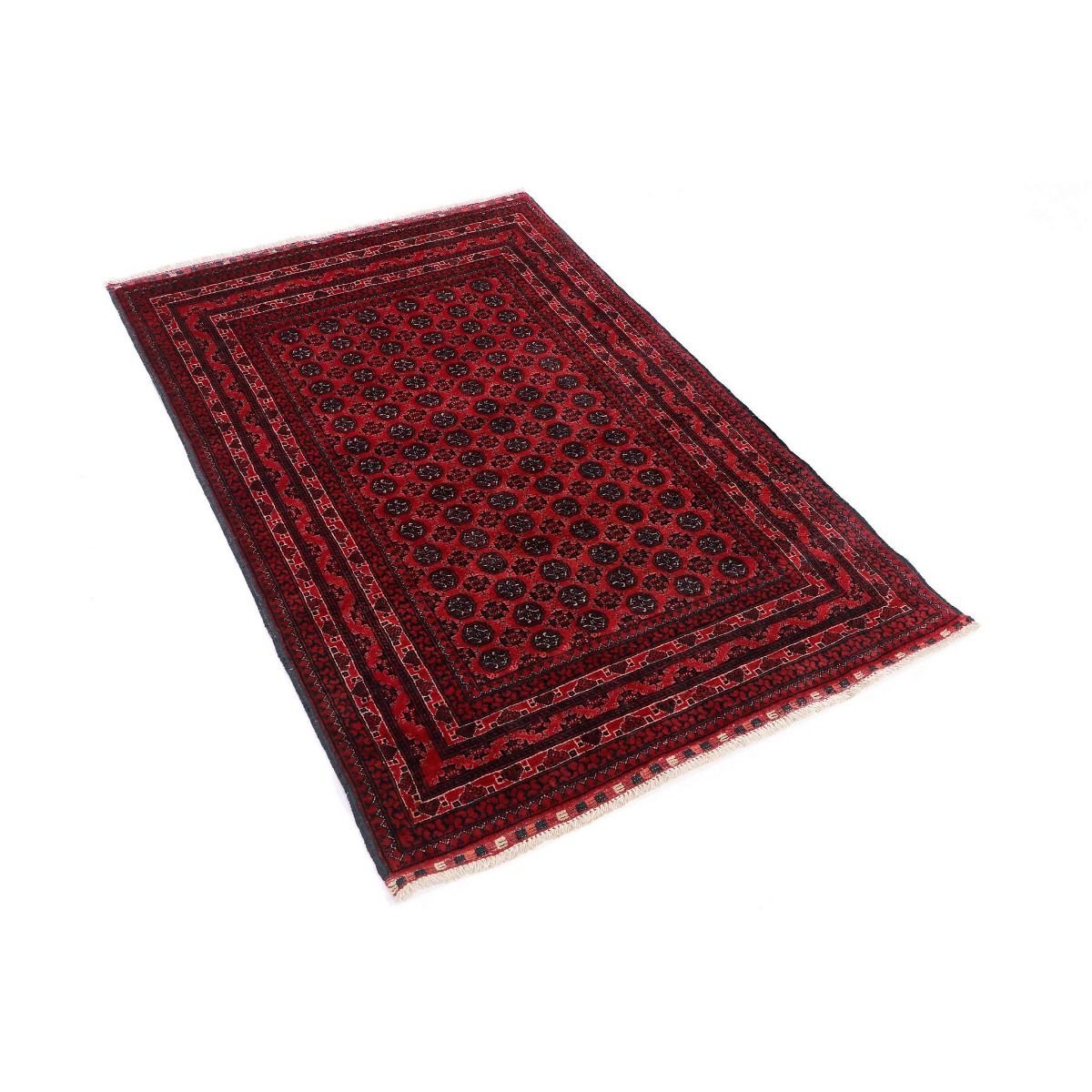 Dark red Bukhara rug with geometric medallion border, flat weave, fringeless look