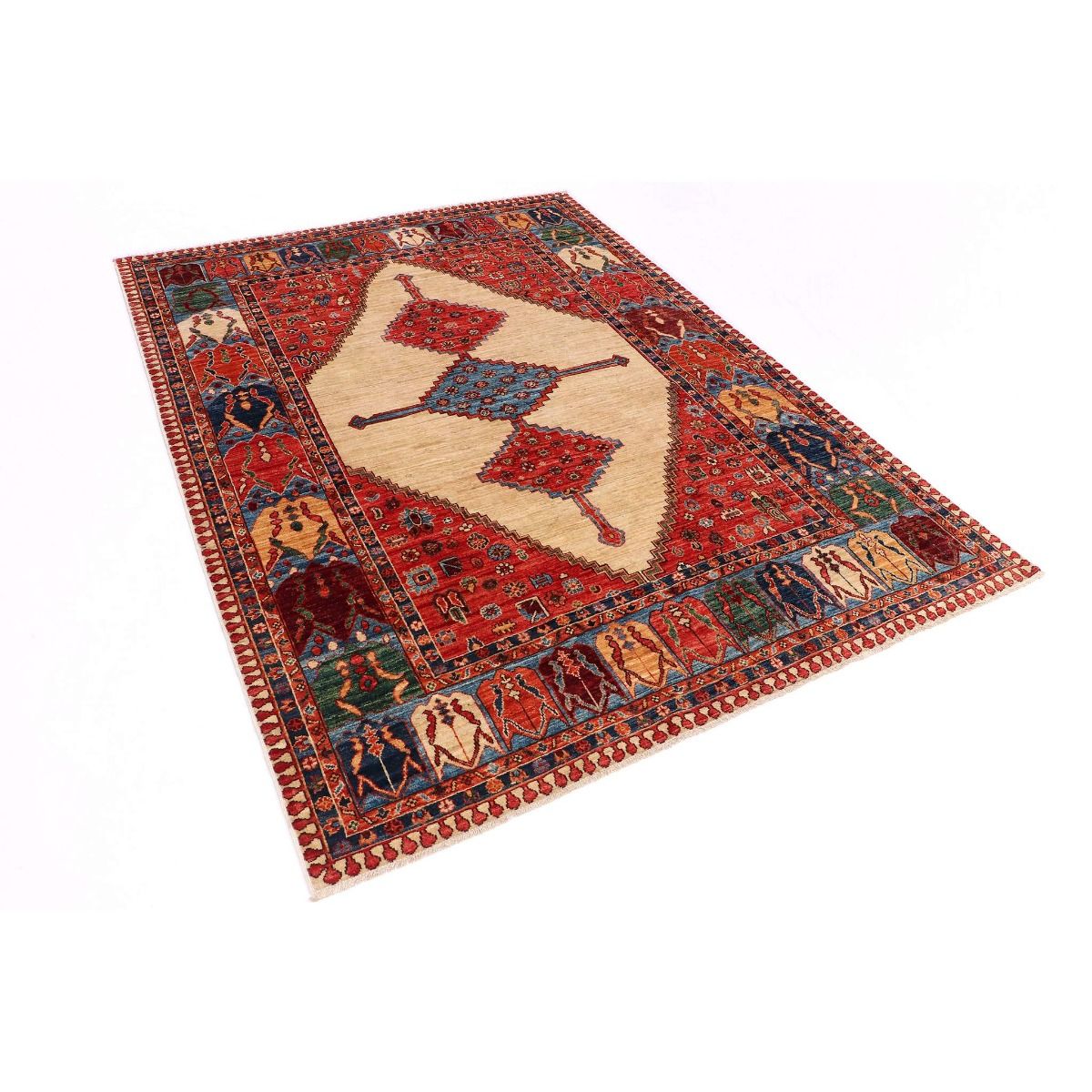 Persian-style area rug with cream central medallion, red field, and blue geometric trim.