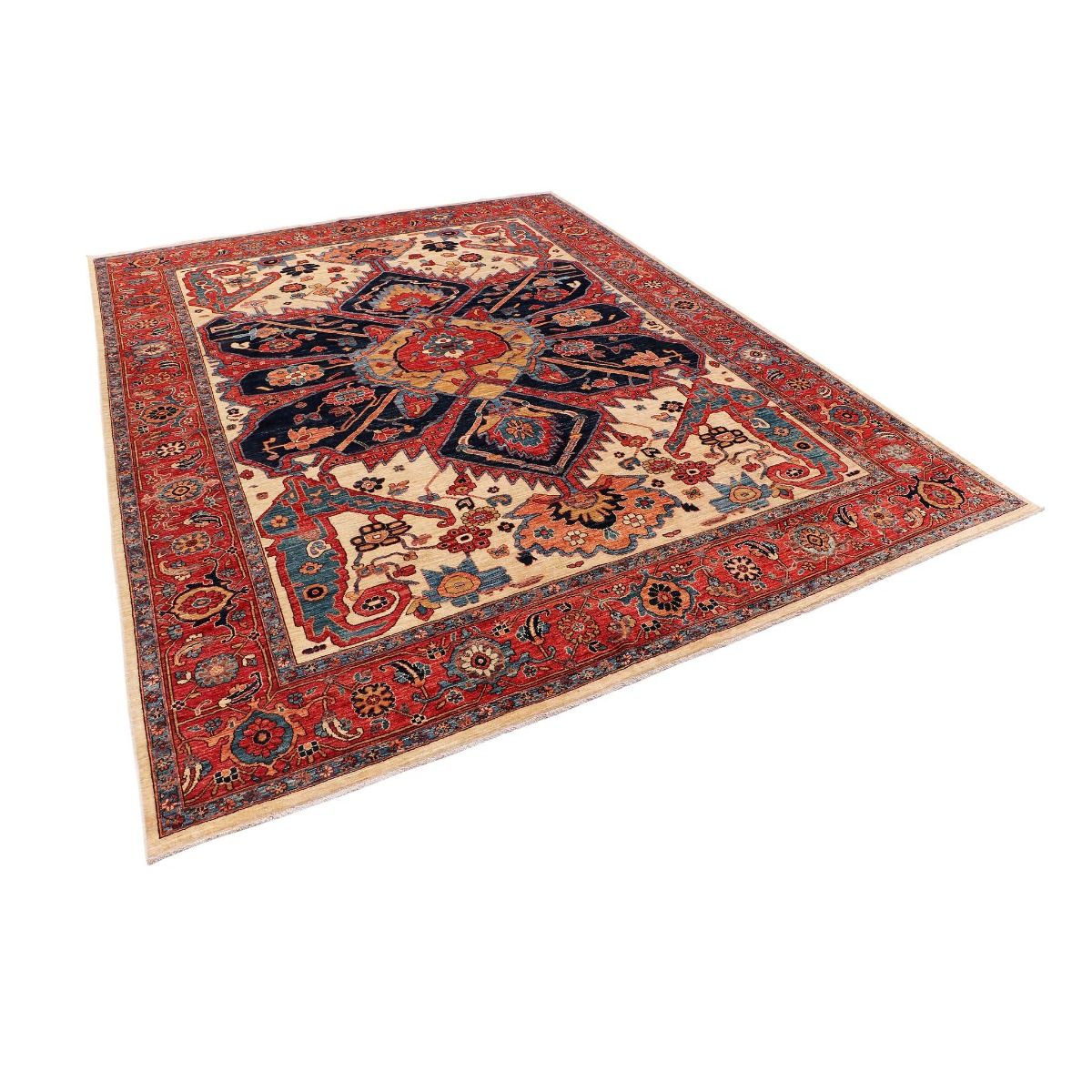 Chobi rug laid flat with red, navy and cream central diamond motif