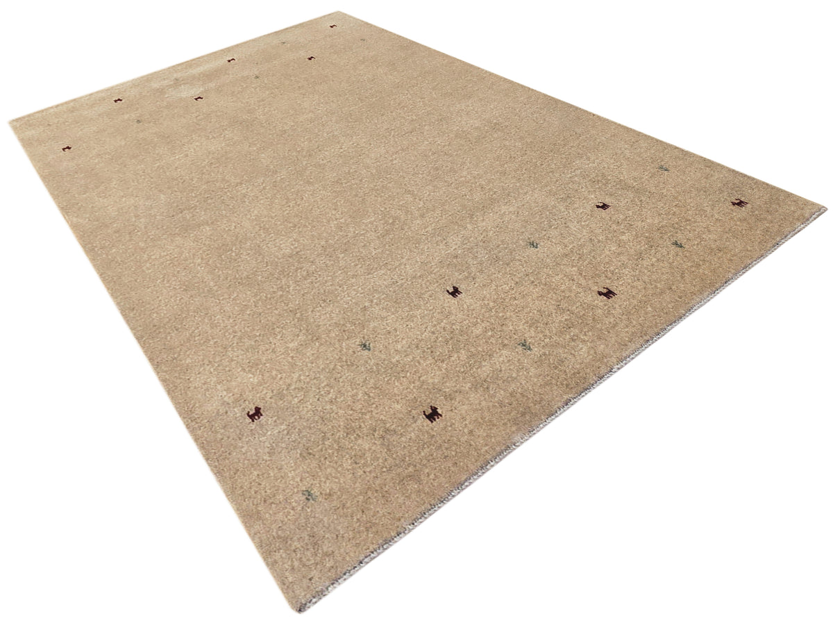 Beige handloom rug with scattered small multicolor motifs, square shape, flat woven