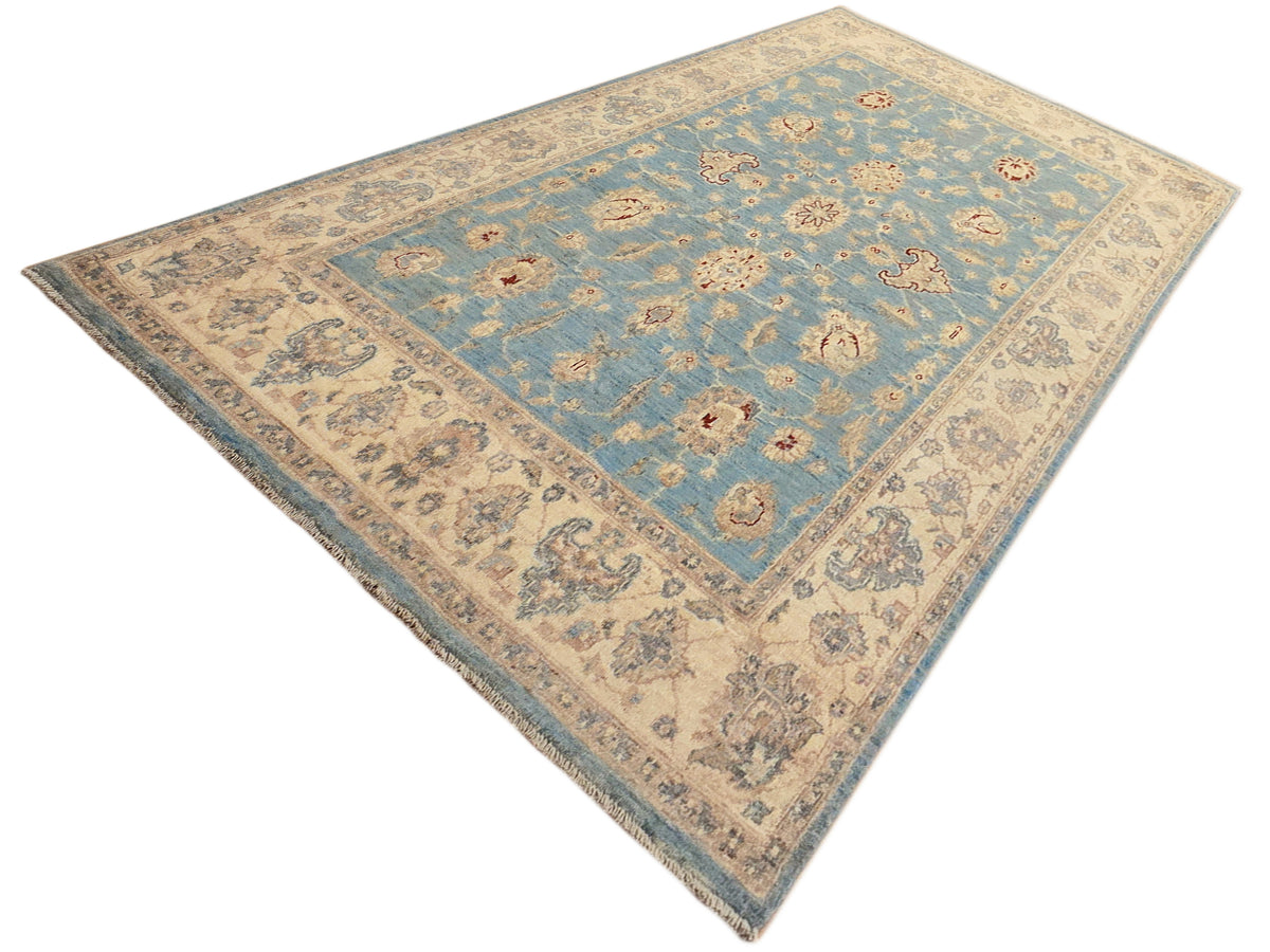 Light blue and beige geometric-pattern area rug with wide ornate border