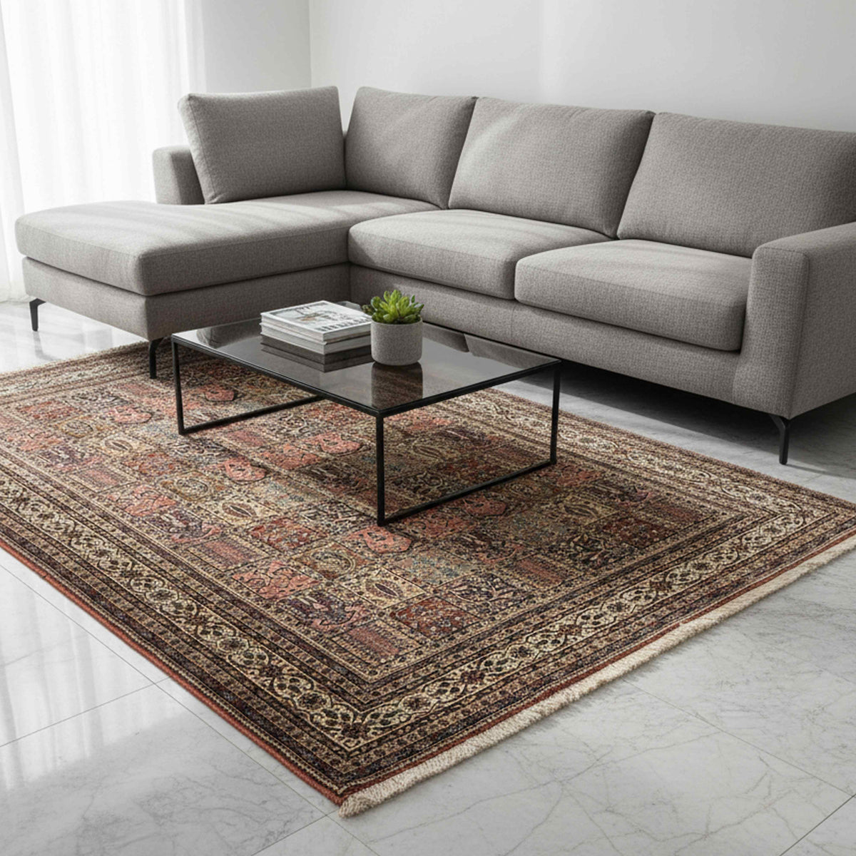 Multicolor Qum-style area rug with detailed medallion motifs and decorative border