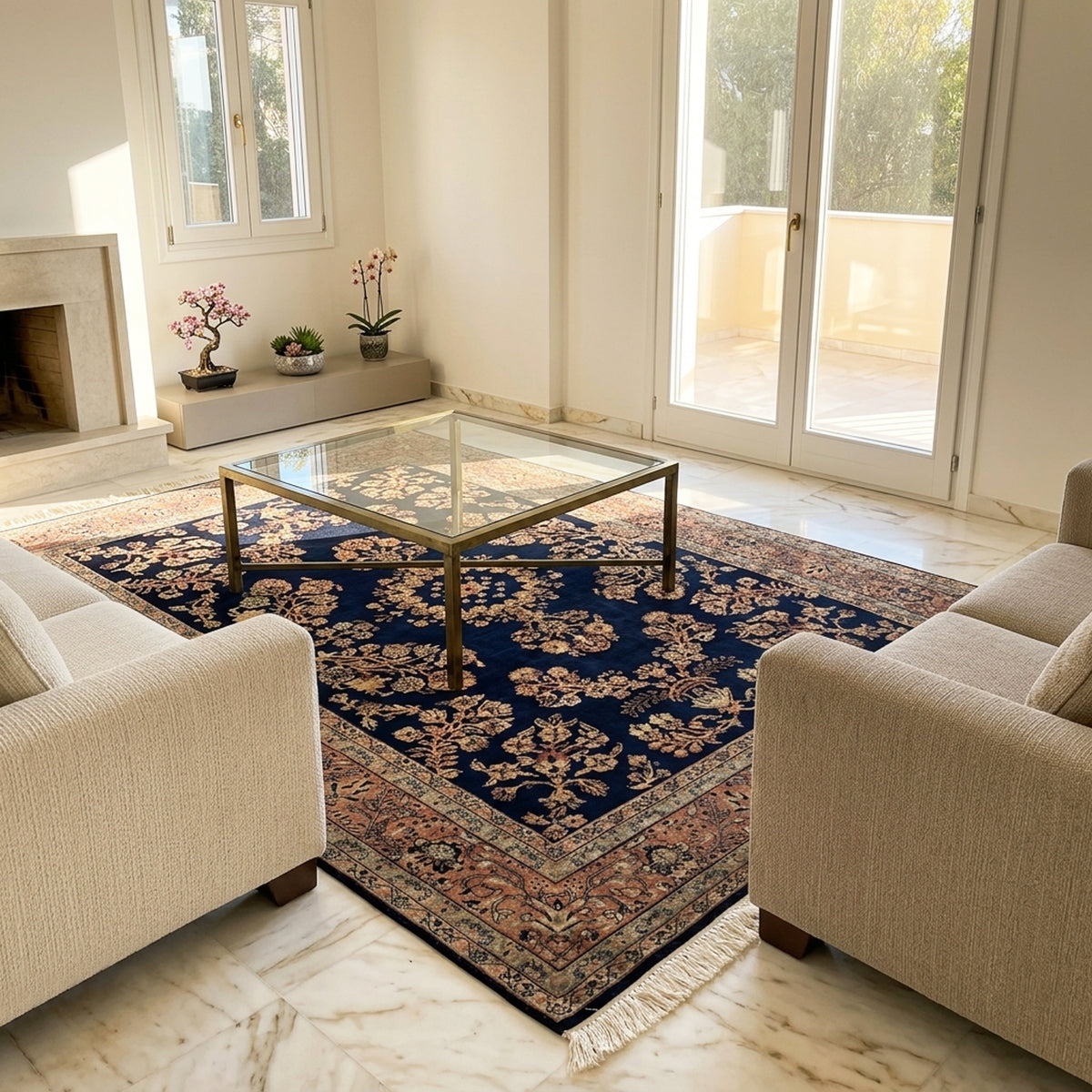 Navy Sarouk rug with ornate floral medallion, rust and beige accents, fringe corners