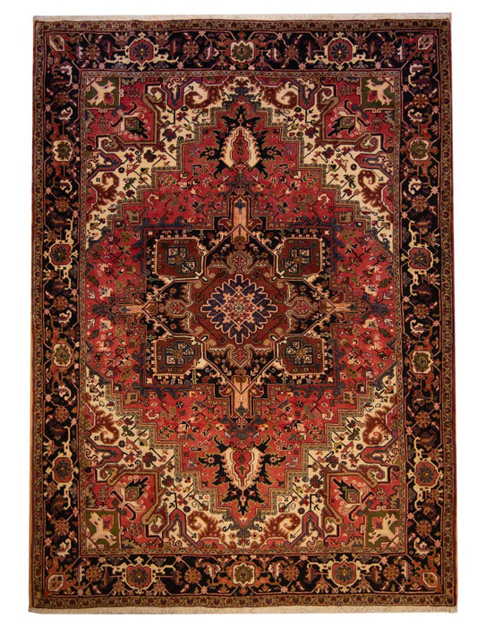 Heriz rug with central medallion, red and beige ornate pattern, rectangular
