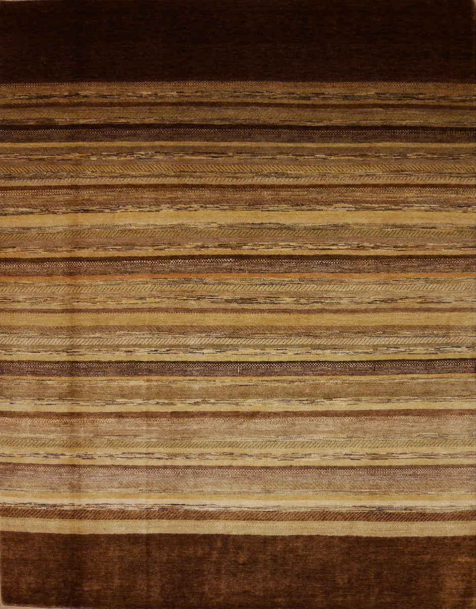 Woven striped area rug with brown and tan horizontal bands
