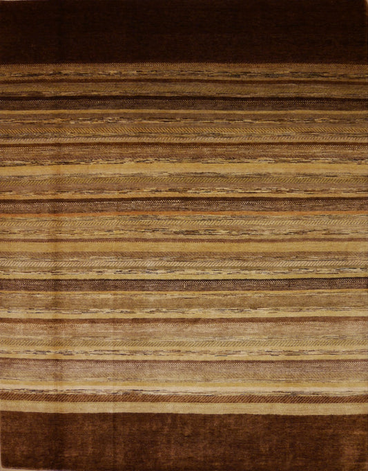 Woven striped area rug with brown and tan horizontal bands