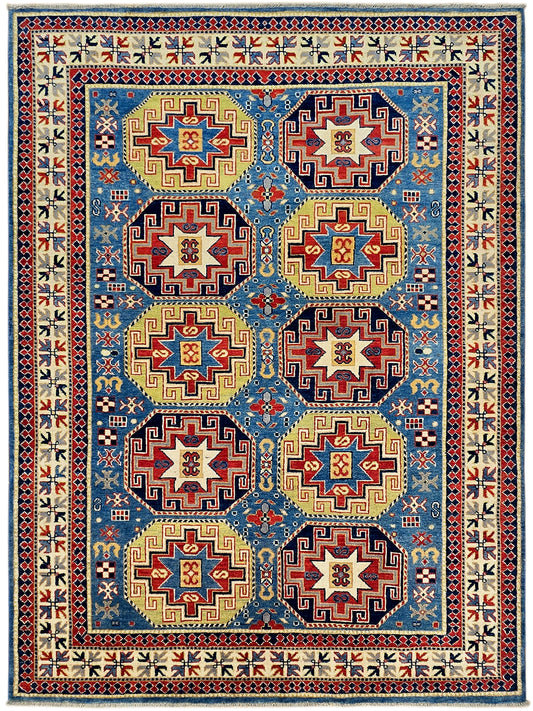 Kazak rug with blue field and five red-and-cream medallions, framed by ornate borders.