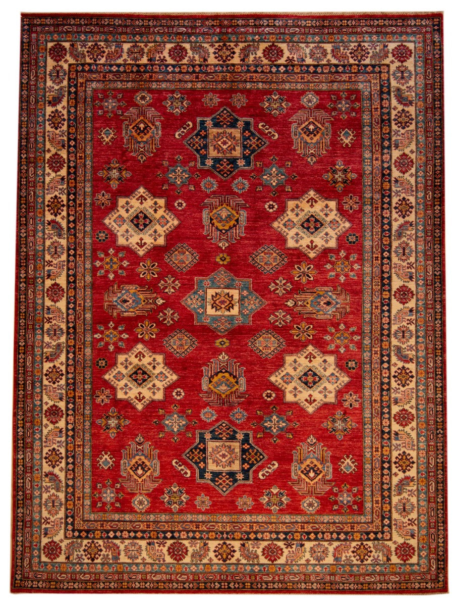 Kazak rug 330x252 cm, red with diamond medallions and ornate border