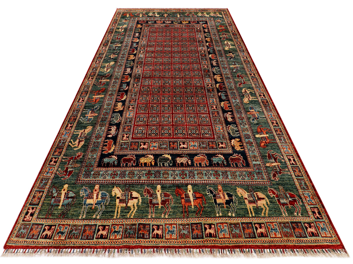 Rug with dark center medallion, red border, and animal procession border.