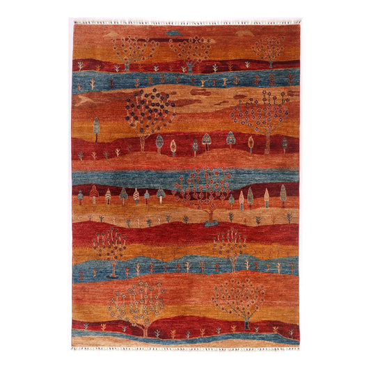 Multicolor Khorjin-style rug with landscape motifs and geometric border, fringed edges