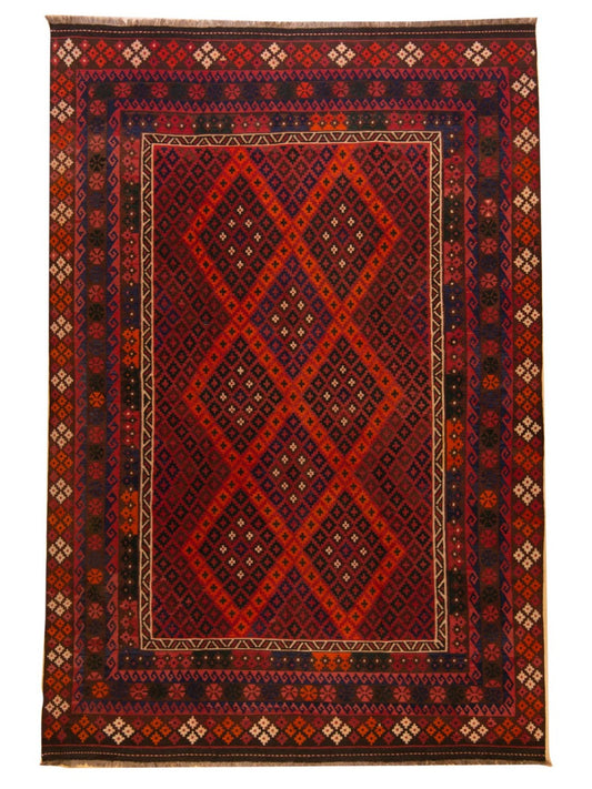 Dark red kilim rug with geometric diamond pattern and border, rectangular