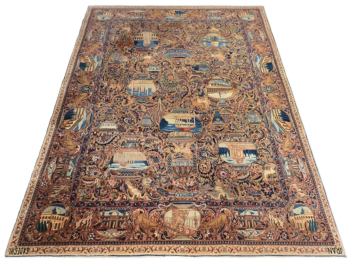 Decorative rug with dense central medallion and blue tan rust pattern