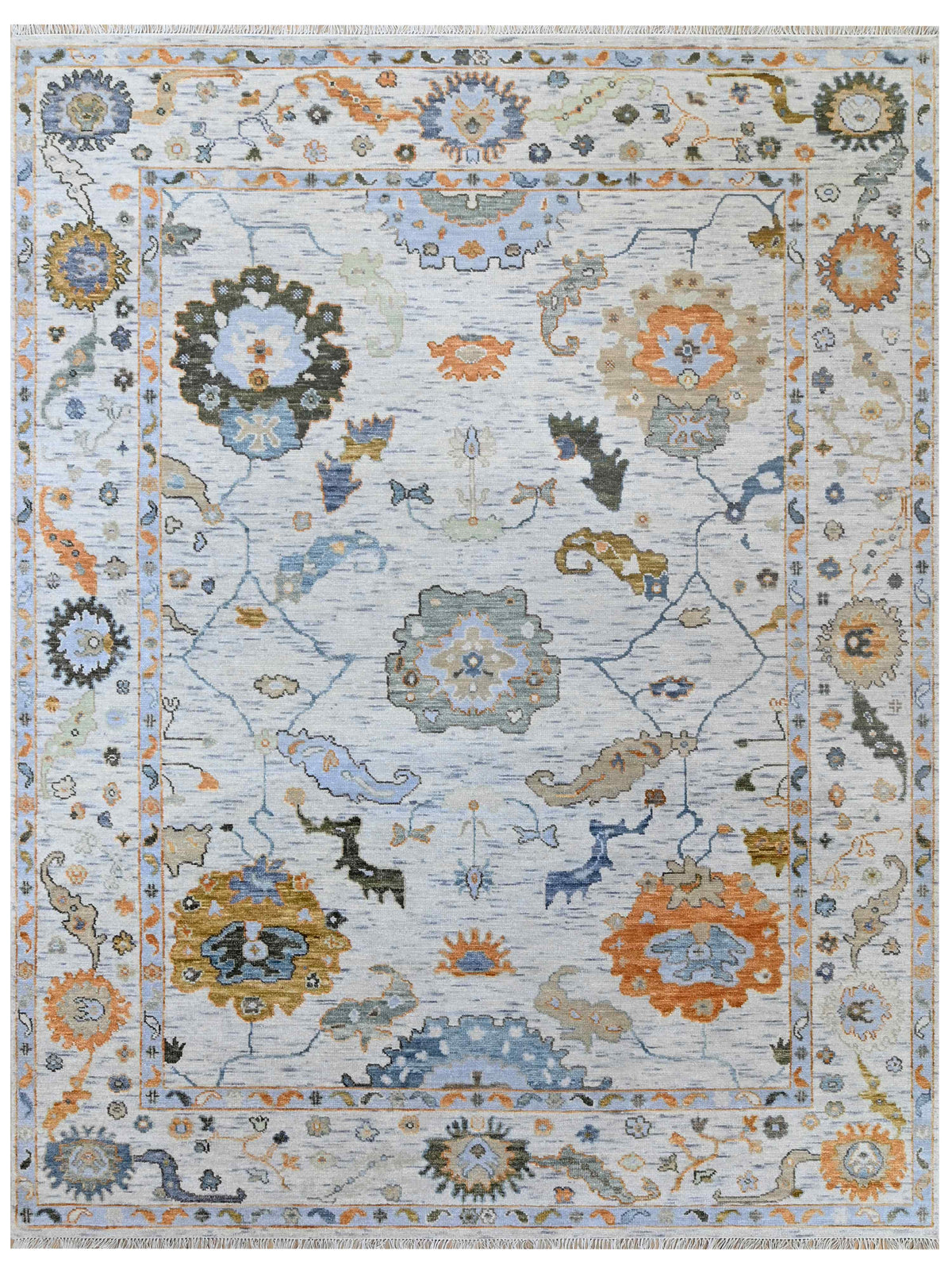 Oushak-style rug with light blue ground, floral medallion frame, orange accents and border details