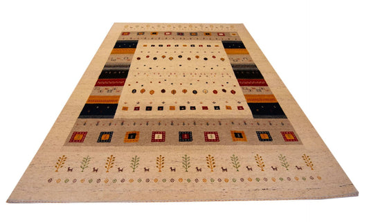 Patterned rug with beige field and rows of geometric icons in black, red, and gold