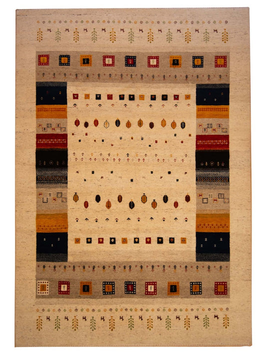 Loribaft rug with beige ground and geometric multicolor border, rectangular design