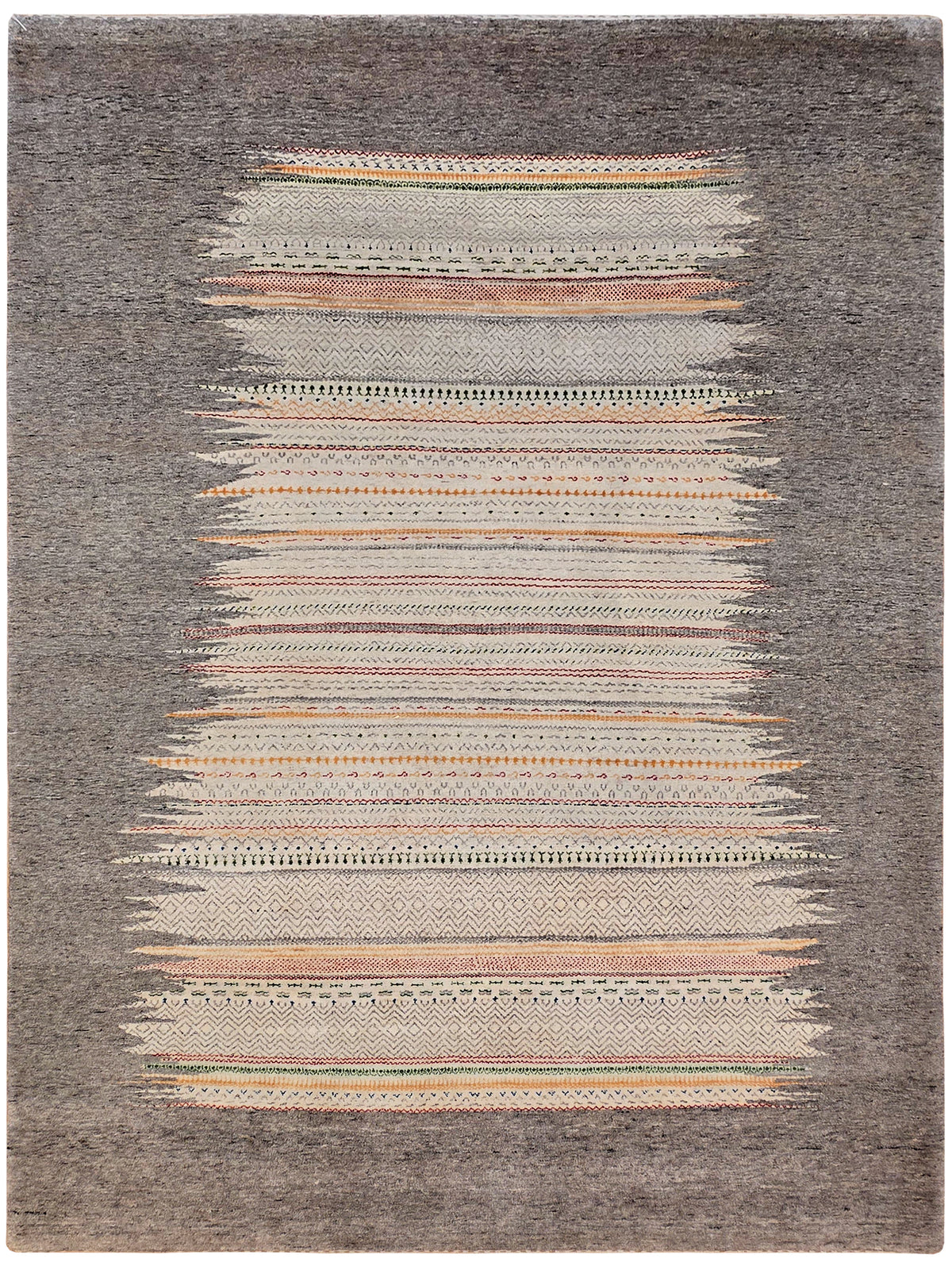 Grey square rug with central multicolor horizontal stripe pattern and flat weave