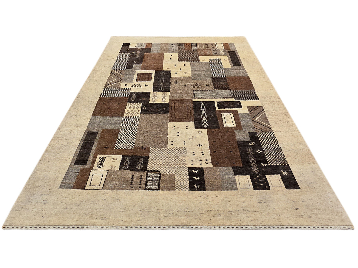 Geometric patchwork rug with beige border and brown, black, and gray block pattern