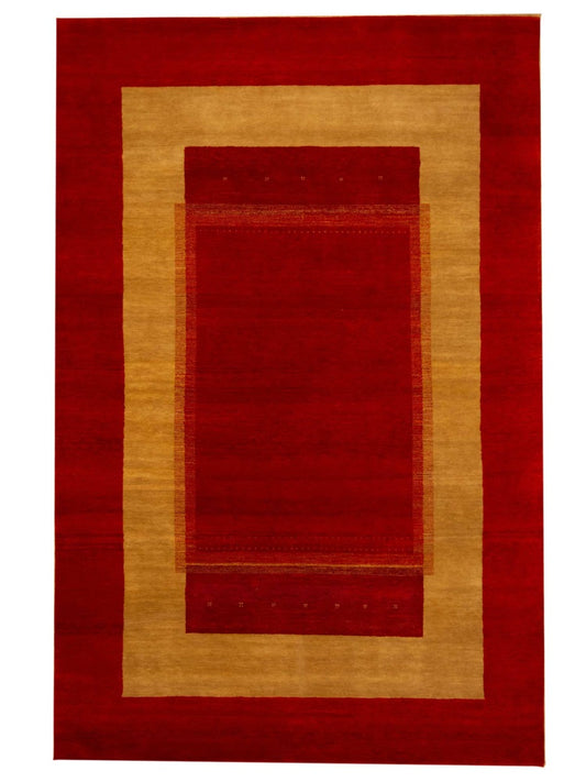 Loribaft rug with red outer border, beige frame, and stacked geometric panels