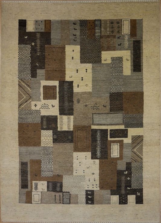 Rectangular patchwork area rug with geometric squares in beige, brown, and dark gray
