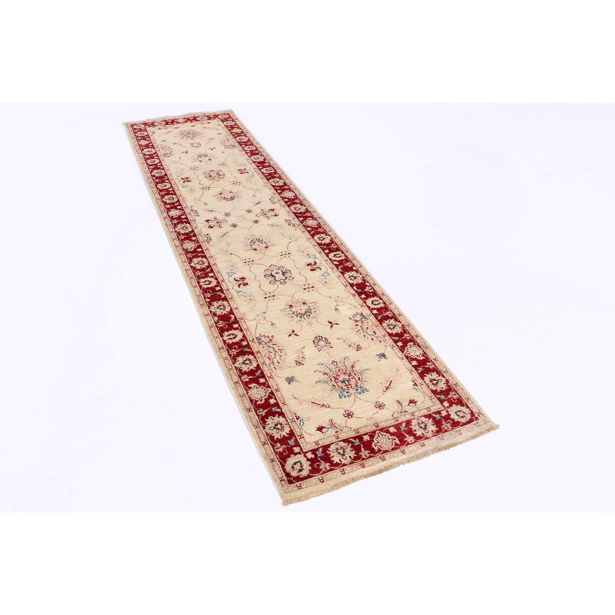 Cream runner rug with red band border and ornate floral motifs.