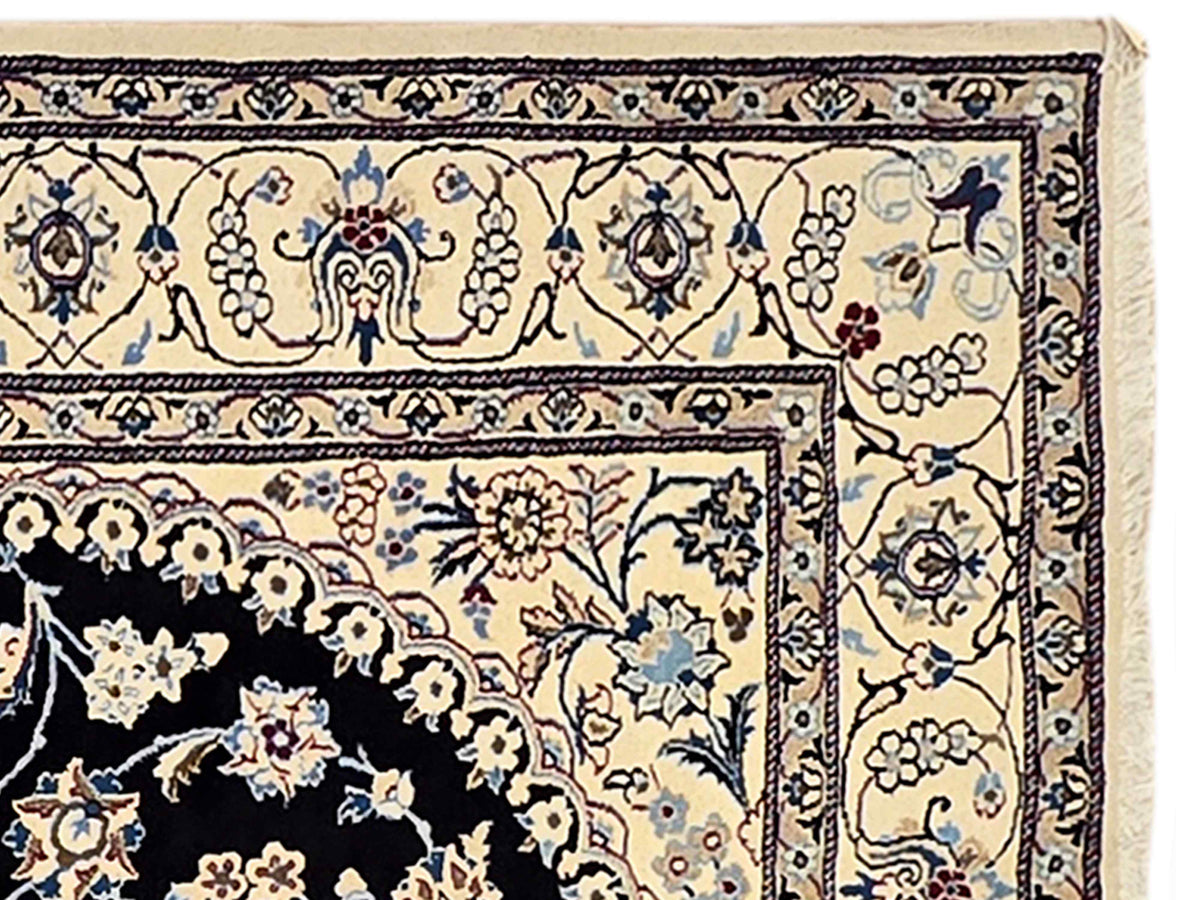 Close-up of Nain rug border with cream background, blue flowers, and dark outline