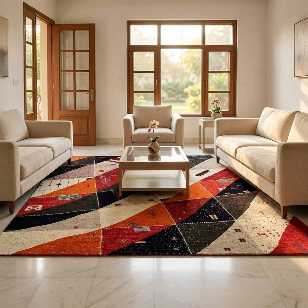 Patchwork Persian rug with red, black, and cream geometric pattern